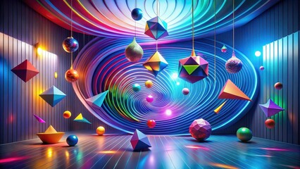 Vibrant Abstract Room with Geometric Shapes and Swirling Patterns, Illuminated by Neon Lights