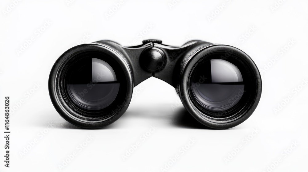 Poster a high-quality pair of black binoculars with glossy lenses and an ergonomic design, centered on a wh