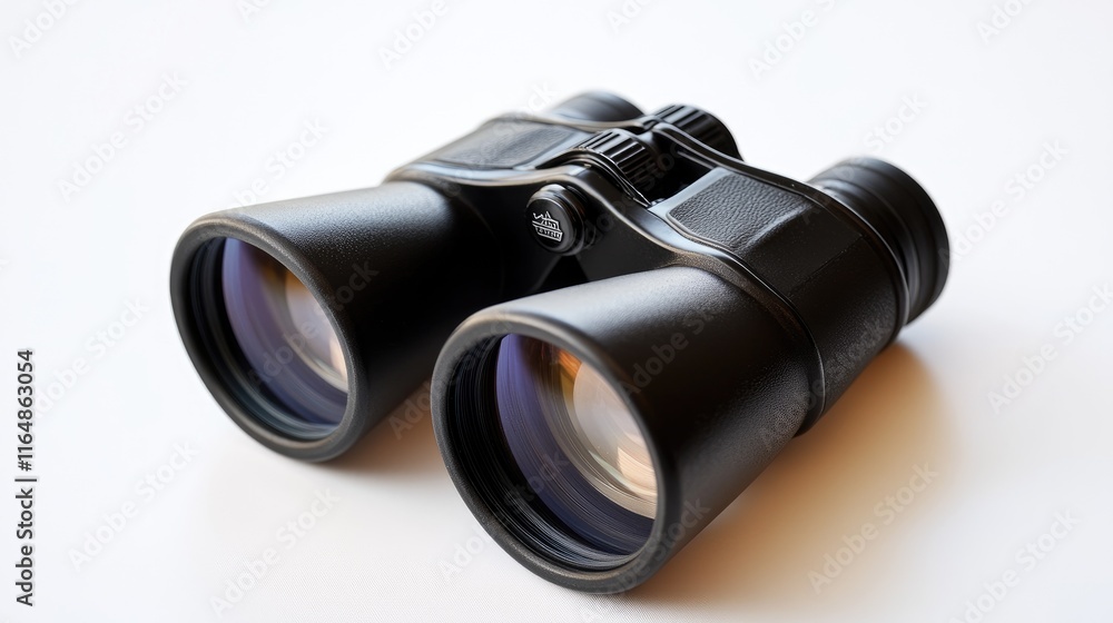 Poster a high-quality pair of black binoculars with glossy lenses and an ergonomic design, centered on a wh