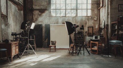 A messy photo studio with props, backdrops, and lighting equipment in disarray 