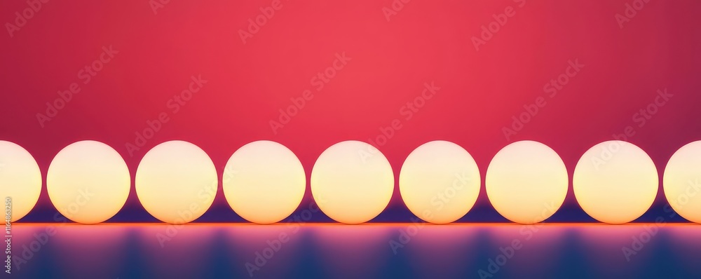 Poster circles abstract background idea. a series of glowing spheres aligned on a reflective surface agains