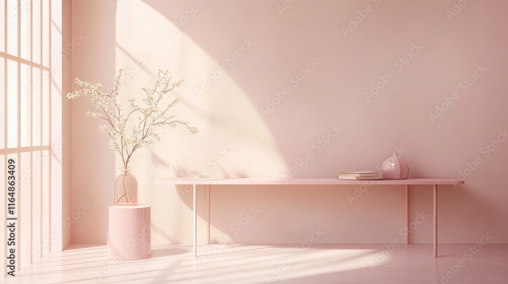 Poster A light and airy pink room with a pink shelf and matching table, creating a cohesive and serene color palette