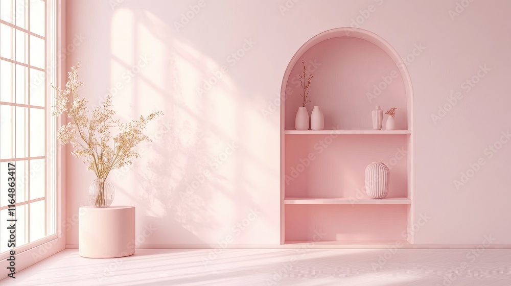 Poster A light and airy pink room with a pink shelf and matching table, creating a cohesive and serene color palette