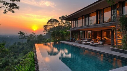 Modern Hilltop Villa Sunset Poolside Relaxation