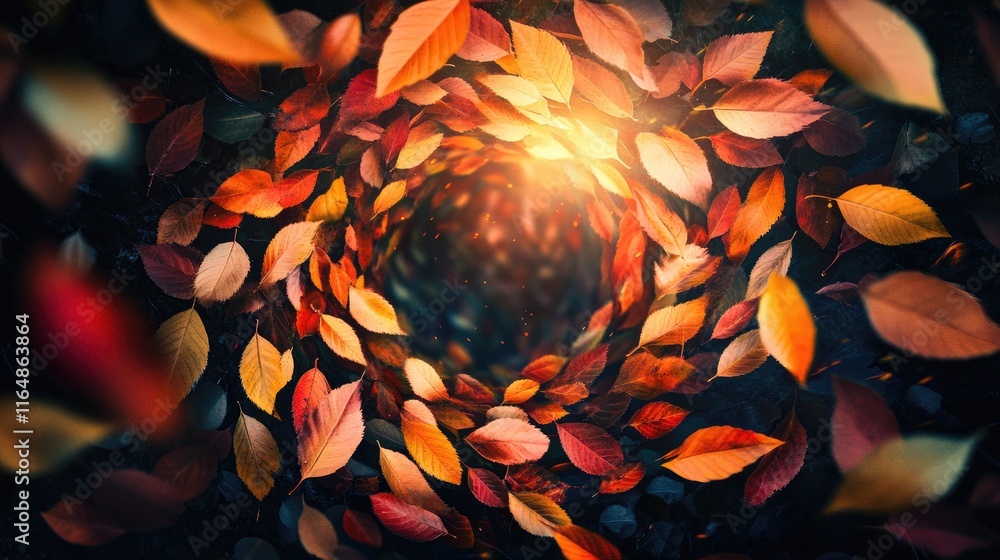 Aufkleber a mesmerizing circle of fall leaves in vivid autumn tones, surrounded by a soft golden light on a da