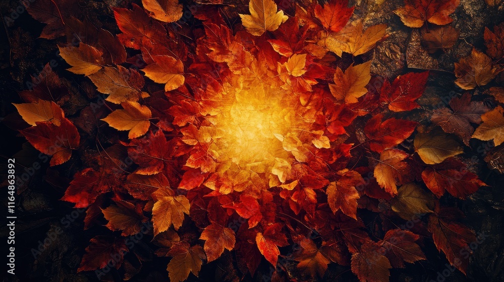 Poster a mesmerizing circle of fall leaves in vivid autumn tones, surrounded by a soft golden light on a da