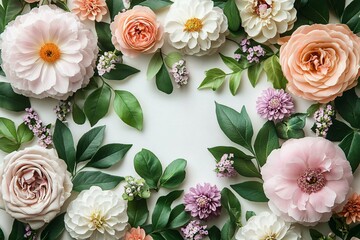 Elegant floral arrangement featuring soft pink peonies, gardenias, and zinnias, perfect for spring events, weddings, or Valentine's Day with ample copy space.
