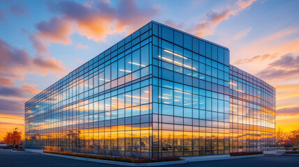 Modern office building exterior with a glass facade at sunset, featuring industrial architecture