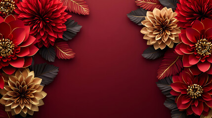 Red Gold Paper Flowers 3D Illustration