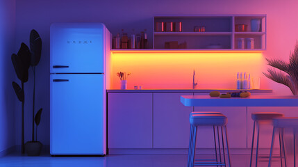 A modern kitchen featuring a stylish refrigerator and illuminated shelves, enhanced by vibrant neon lighting, creating a cozy atmosphere.