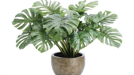 Obraz premium A Monstera plant with large, glossy leaves in a simple pot, isolated against a pure white background, creating a fresh and elegant look