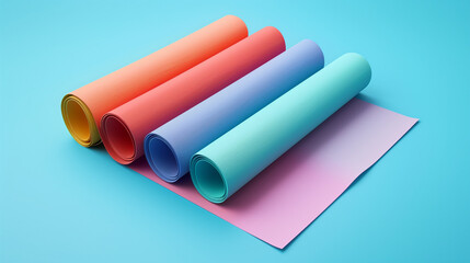 Colorful Rolled Yoga Mats on Blue Background - Vibrant Fitness Equipment, Perfect for Home Workouts and Gym.