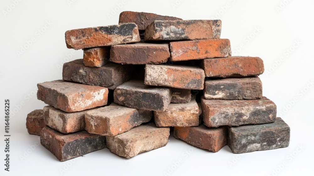 Poster a pile of dirty, gritty bricks stacked unevenly with visible imperfections, placed against a clean w