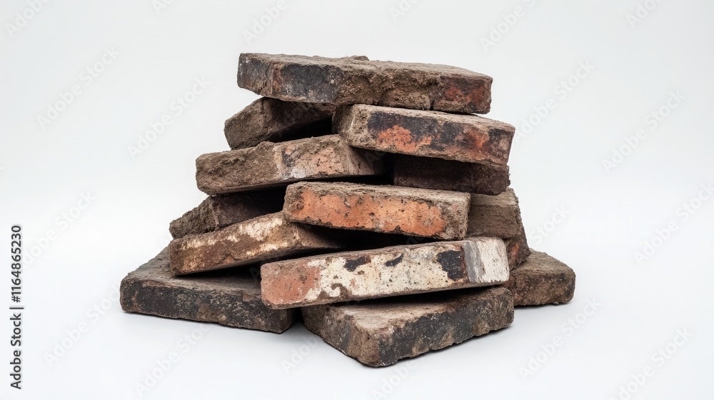 Poster a pile of dirty, gritty bricks stacked unevenly with visible imperfections, placed against a clean w