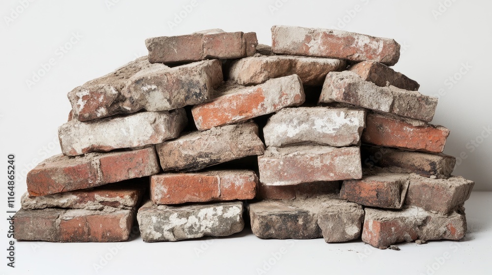Poster a pile of dirty, gritty bricks stacked unevenly with visible imperfections, placed against a clean w