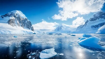 A breathtaking view of icy mountains and calm waters under a bright blue sky, showcasing the beauty of a polar landscape.
