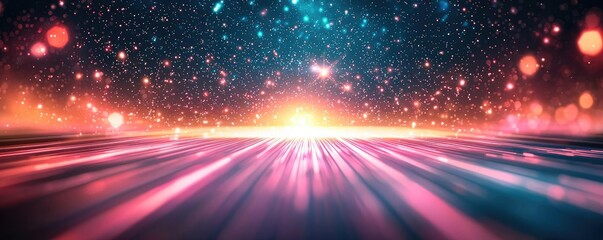 Cosmic abstract background concept. A vibrant cosmic landscape with colorful light rays and a radiant horizon.