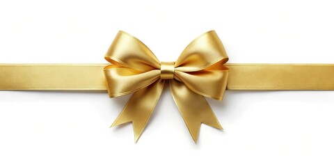 Elegant golden satin ribbon bow on white background, perfect for gift wrapping, invitations, or festive designs