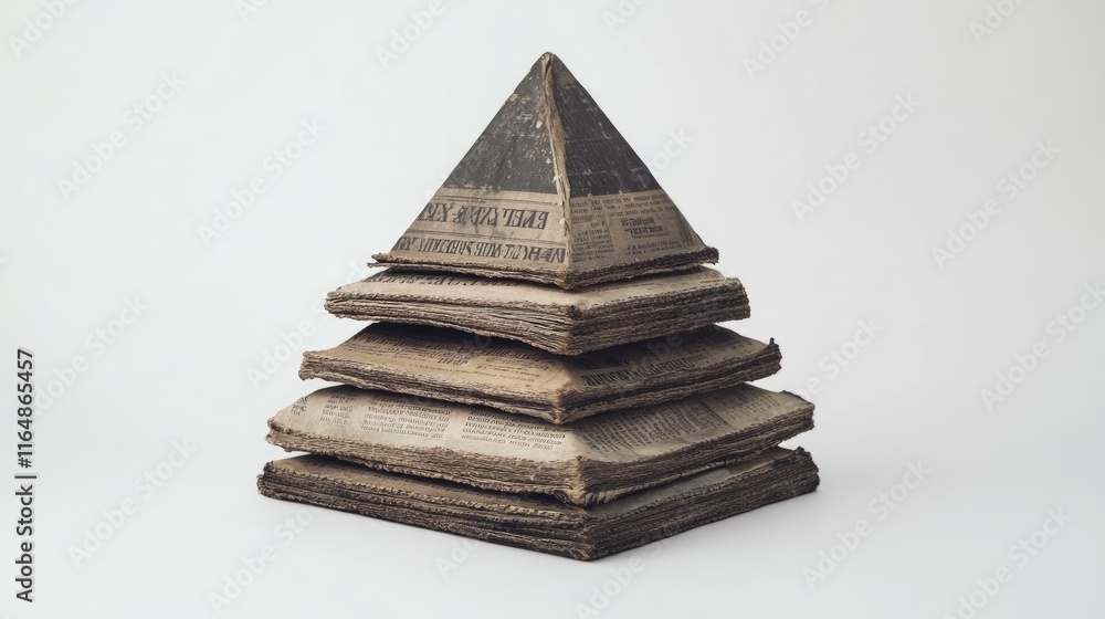 Poster a pyramid-shaped stack of aged, vintage newspapers, carefully placed on a white background to highli