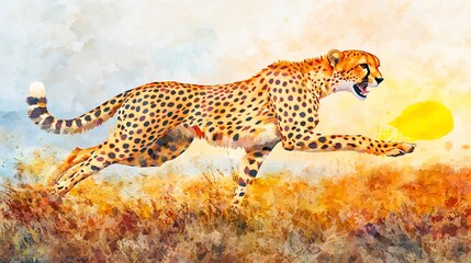 Cheetah running, bright sun.