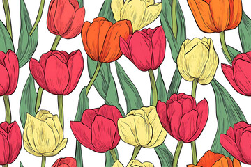 Vibrant and colorful hand-drawn illustration of tulips in full bloom. The seamless pattern features red, orange, and yellow tulips with lush green leaves, ideal for fabric designs or wallpapers.