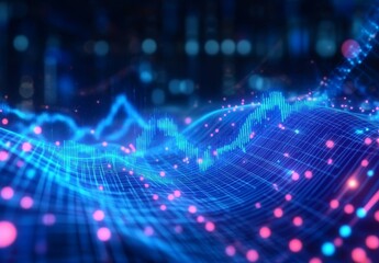Abstract glowing blue digital wave with financial data.