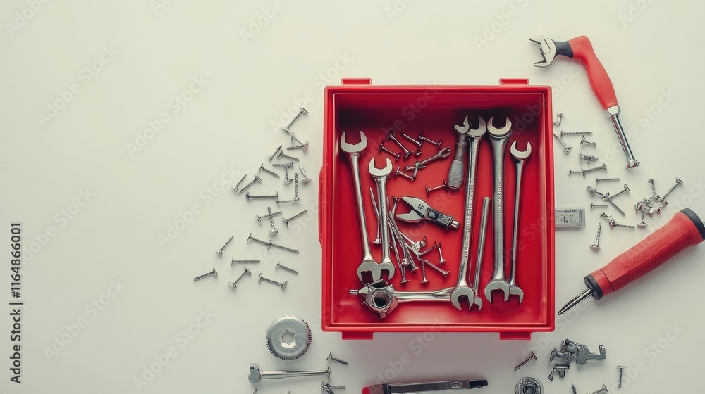 Aufkleber A red toolbox containing screws, nails, and various tools, positioned on a white background, creating a neat and functional workspace