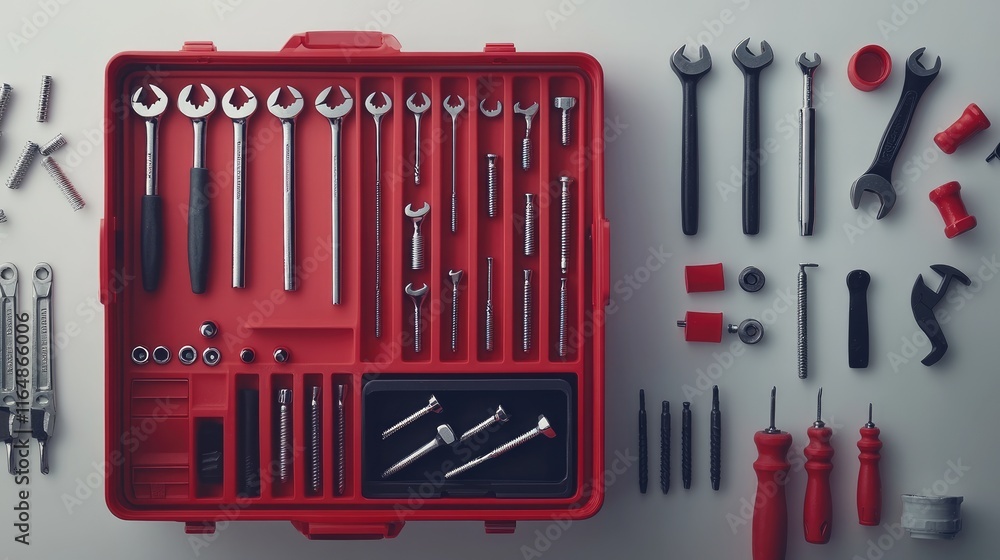 Poster a red toolbox containing screws, nails, and various tools, positioned on a white background, creatin