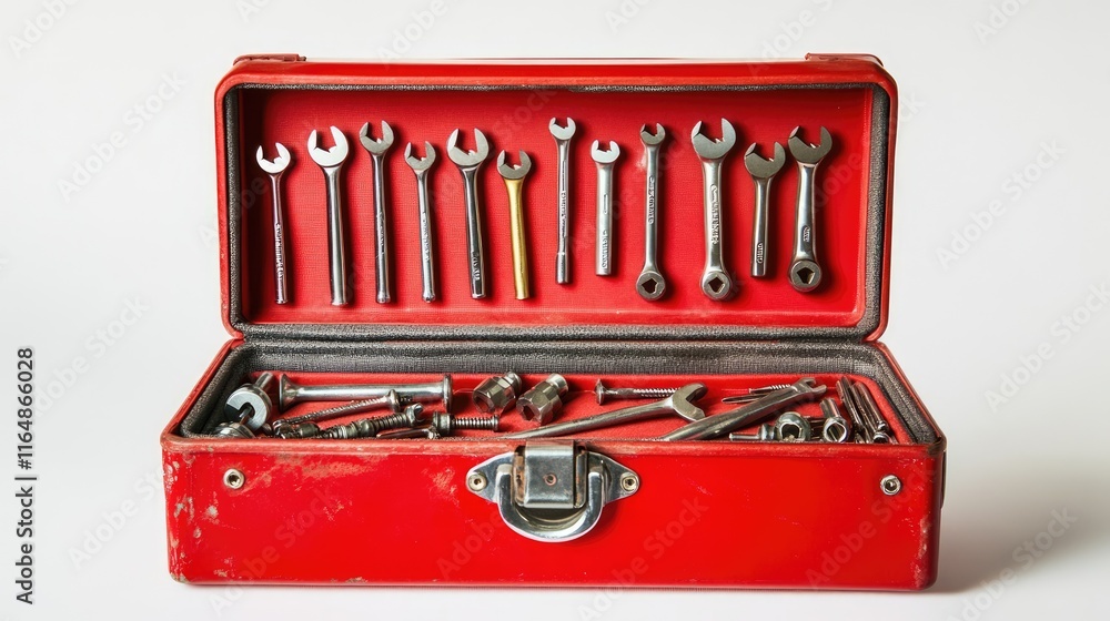 Aufkleber A red toolbox filled with screws, nails, and essential tools, opened and displayed on a white backdrop, emphasizing the simplicity and utility of the design