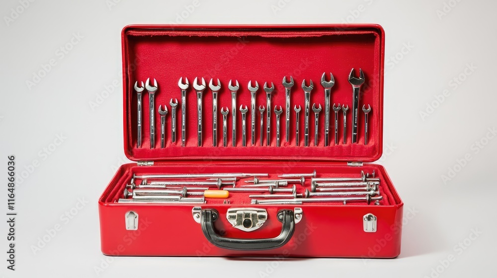 Aufkleber A red toolbox filled with screws, nails, and essential tools, opened and displayed on a white backdrop, emphasizing the simplicity and utility of the design