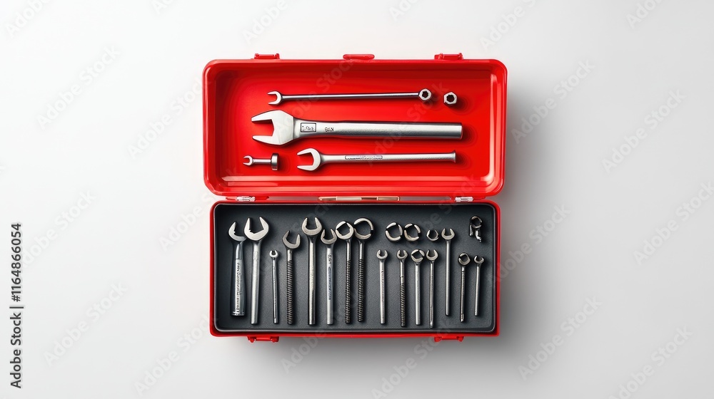 Aufkleber A red toolbox filled with screws, nails, and essential tools, opened and displayed on a white backdrop, emphasizing the simplicity and utility of the design