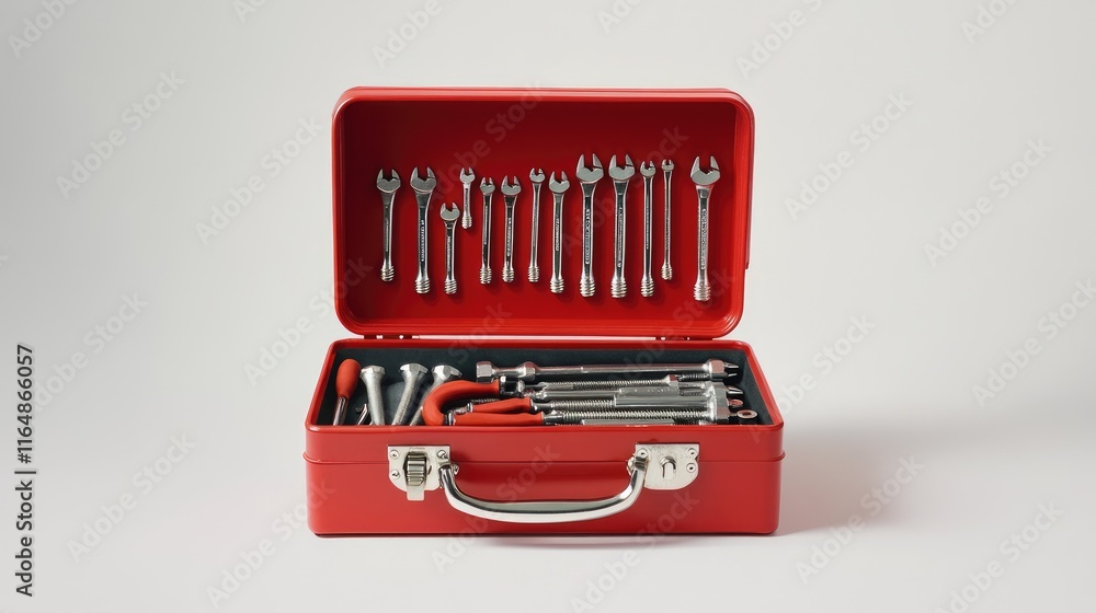 Poster A red toolbox filled with screws, nails, and essential tools, opened and displayed on a white backdrop, emphasizing the simplicity and utility of the design
