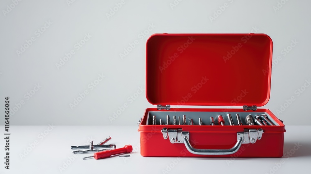 Poster a red toolbox open to reveal screws, nails, and basic hand tools, positioned on a clean white backgr