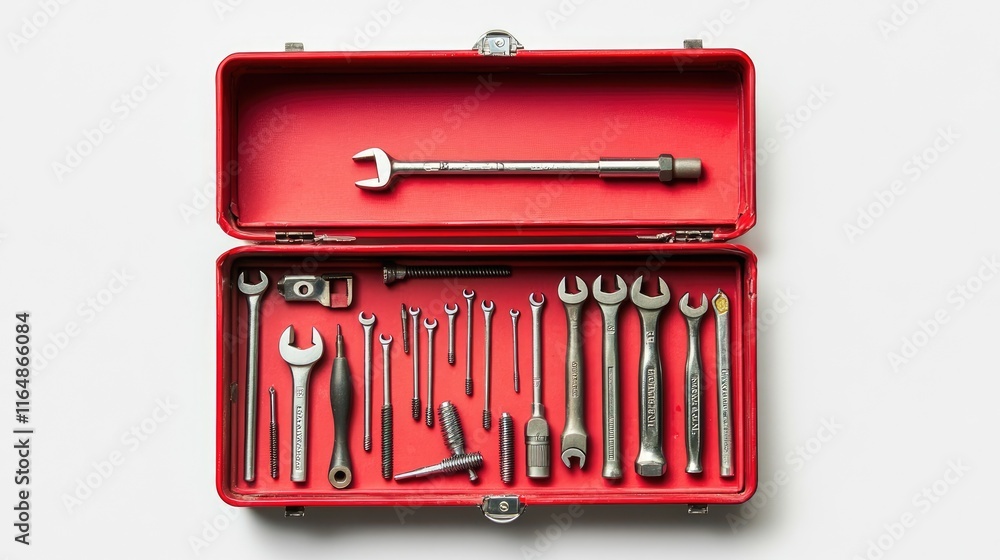 Poster a red toolbox open to reveal screws, nails, and basic hand tools, positioned on a clean white backgr