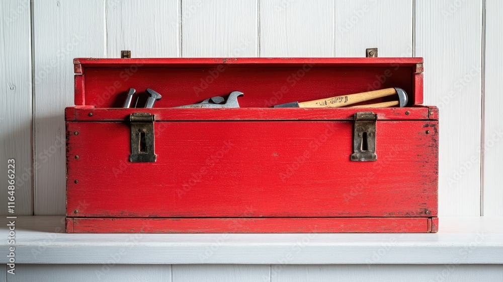 Poster A red-painted wooden toolbox with tools visible inside, placed neatly on a white surface, highlighting its practicality and bold color