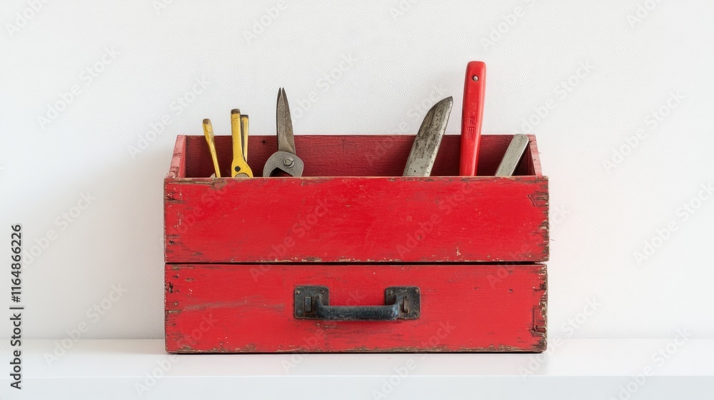 Poster A red-painted wooden toolbox with tools visible inside, placed neatly on a white surface, highlighting its practicality and bold color