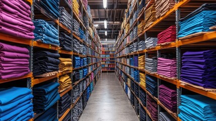 Warehouse filled with shelves of folded T-shirts in various colors and designs, ready for shipment."