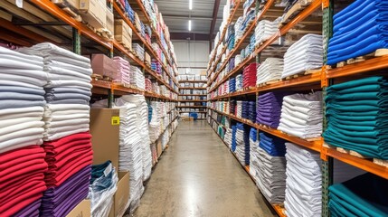 Warehouse filled with shelves of folded T-shirts in various colors and designs, ready for shipment."