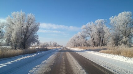 Obraz premium A road blanketed in snow on a crisp winter day, lined with frosted trees and a calm, untouched landscape