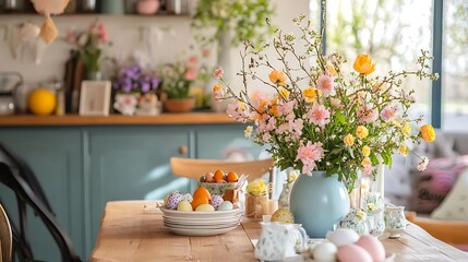 An Easter-themed table setup with vibrant egg decorations, festive treats, and spring flowers in a cozy indoor space 