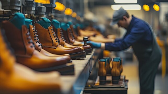 Workers carefully hand-finishing leather boots in a premium shoe manufacturing plant."