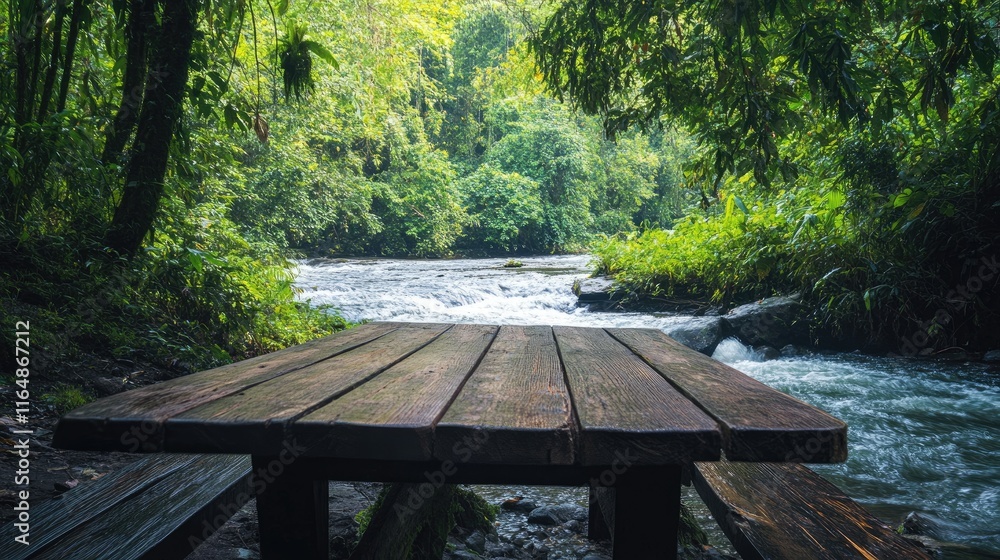 Poster A rustic wooden table placed by the river in the jungle, surrounded by lush greenery and flowing water, creating a tranquil, nature-filled setting