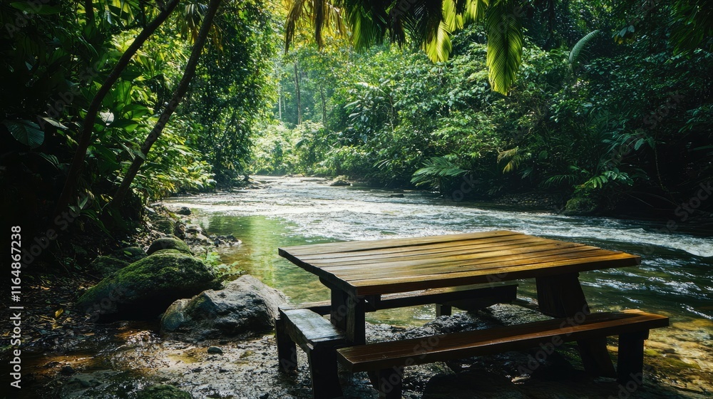 Poster A rustic wooden table placed by the river in the jungle, surrounded by lush greenery and flowing water, creating a tranquil, nature-filled setting