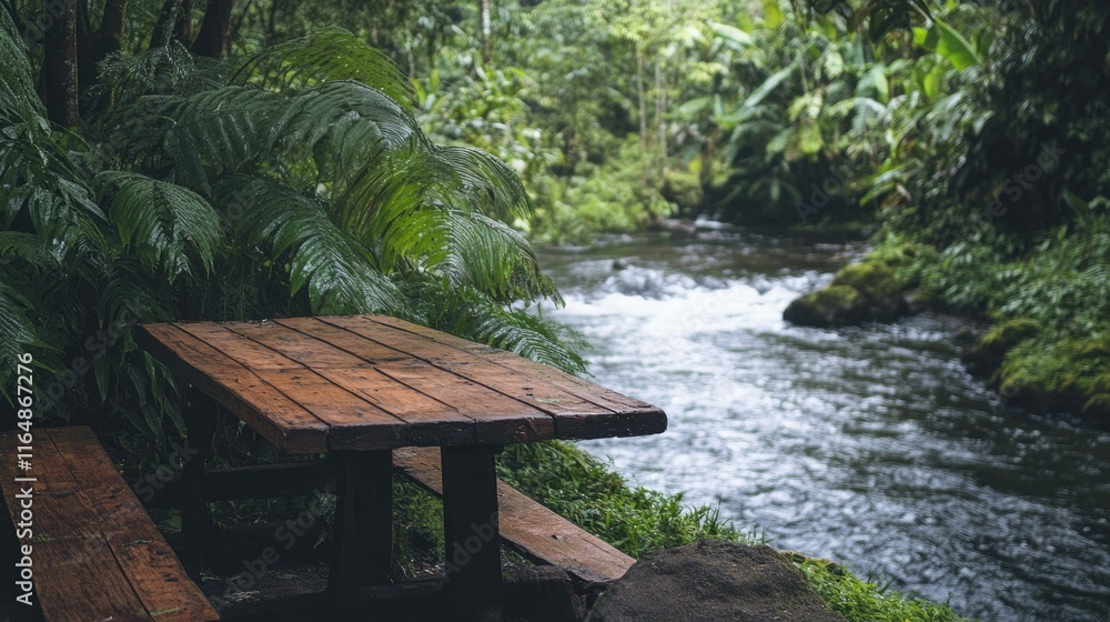 Poster A rustic wooden table placed by the river in the jungle, surrounded by lush greenery and flowing water, creating a tranquil, nature-filled setting