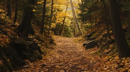 Fototapeta premium A serene forest trail covered with autumn leaves, sunlight filtering through trees