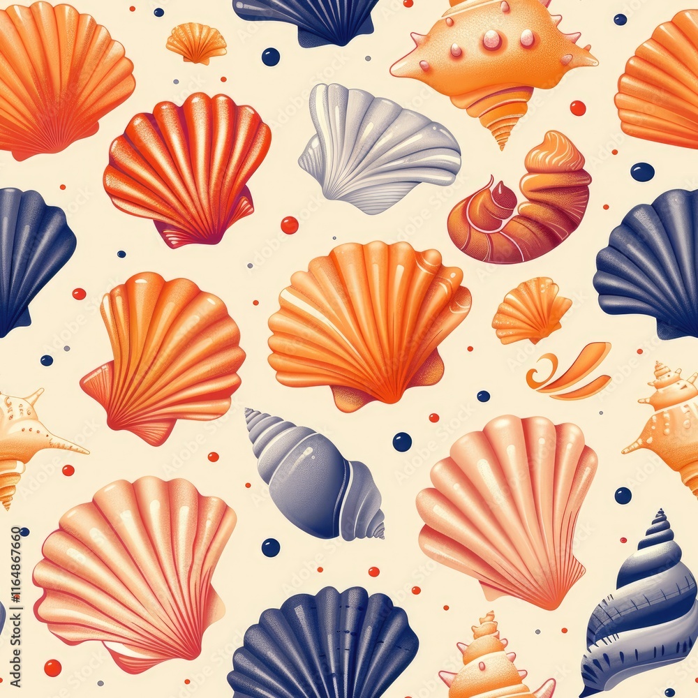 Poster a colorful pattern of various seashells on a light background.
