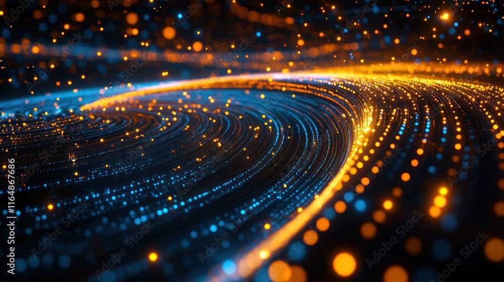 Poster abstract swirling lines of glowing particles.