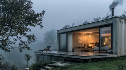 Modern minimalist house on hillside with fog.