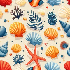A colorful pattern of seashells, corals, and starfish on a light background.