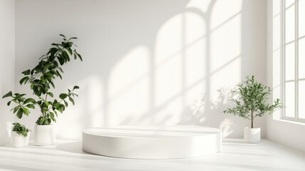 A serene white podium in a bright, minimalistic studio room, softly lit by white light, creating a sophisticated and timeless look